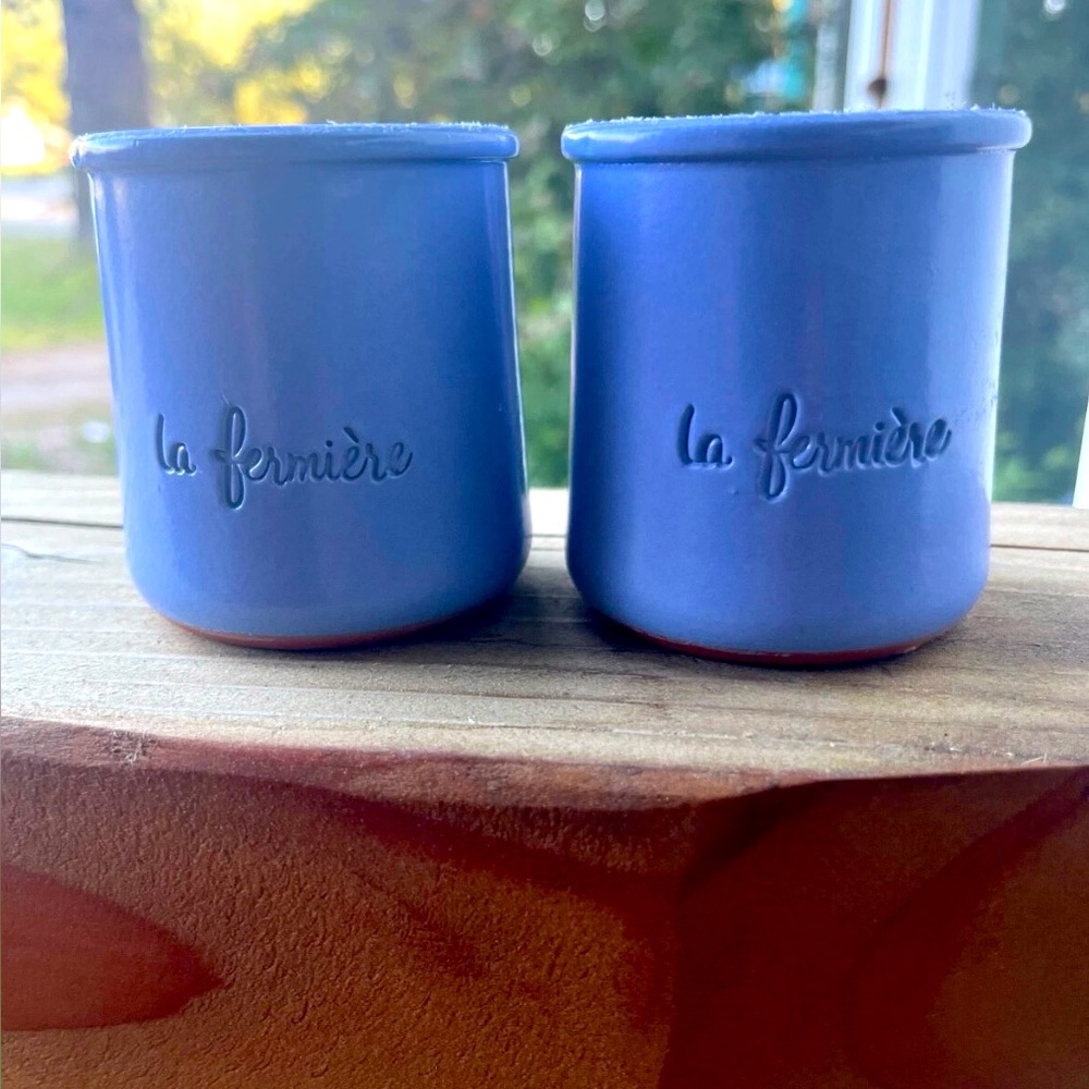 Set Of 2 La Fermiere Periwinkle CERMER Terra Cotta Pottery Yogurt Pots